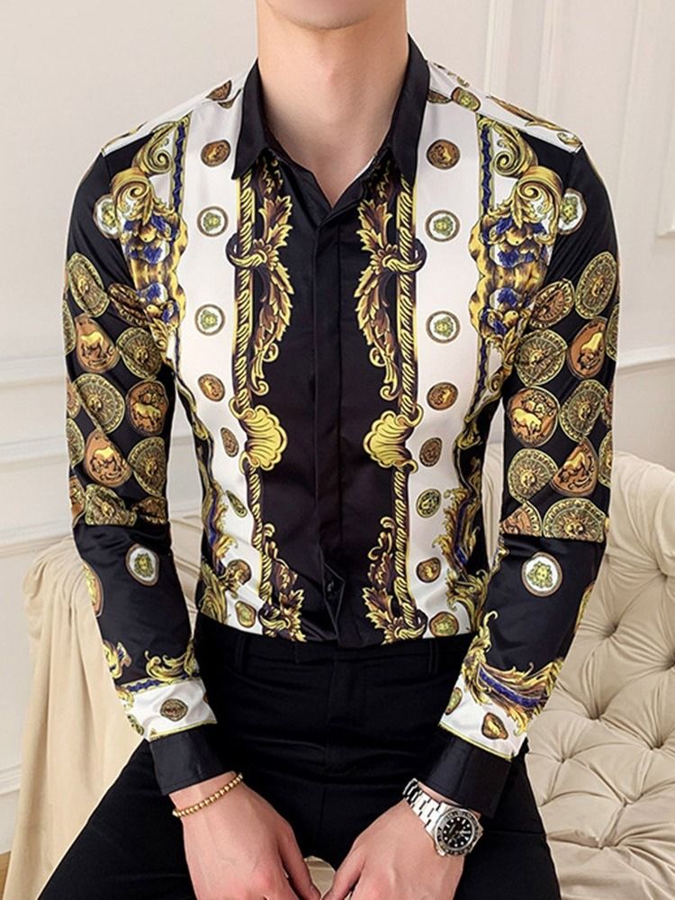 Lapel Cartoon Print Slim Enkelknäppt Herrskjorta