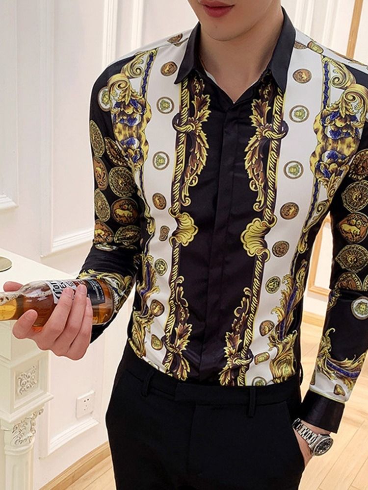 Lapel Cartoon Print Slim Enkelknäppt Herrskjorta