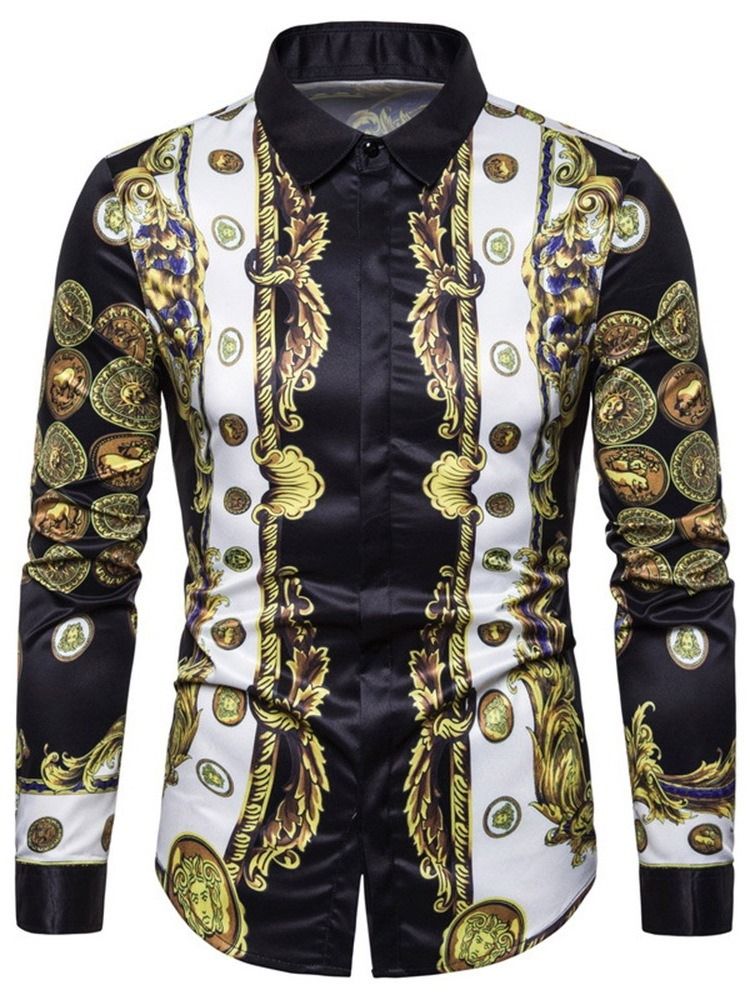 Lapel Cartoon Print Slim Enkelknäppt Herrskjorta