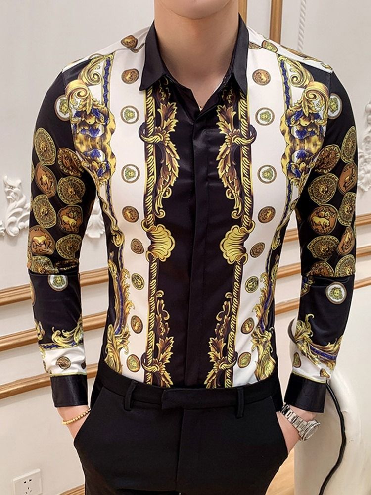 Lapel Cartoon Print Slim Enkelknäppt Herrskjorta