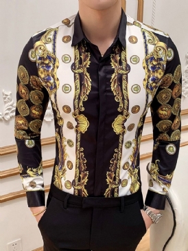 Lapel Cartoon Print Slim Enkelknäppt Herrskjorta