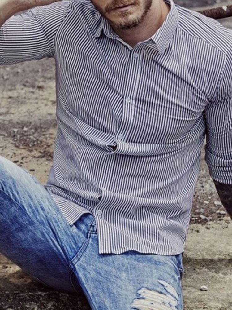 Lapel Casual Button Enkelknäppt Herrskjorta