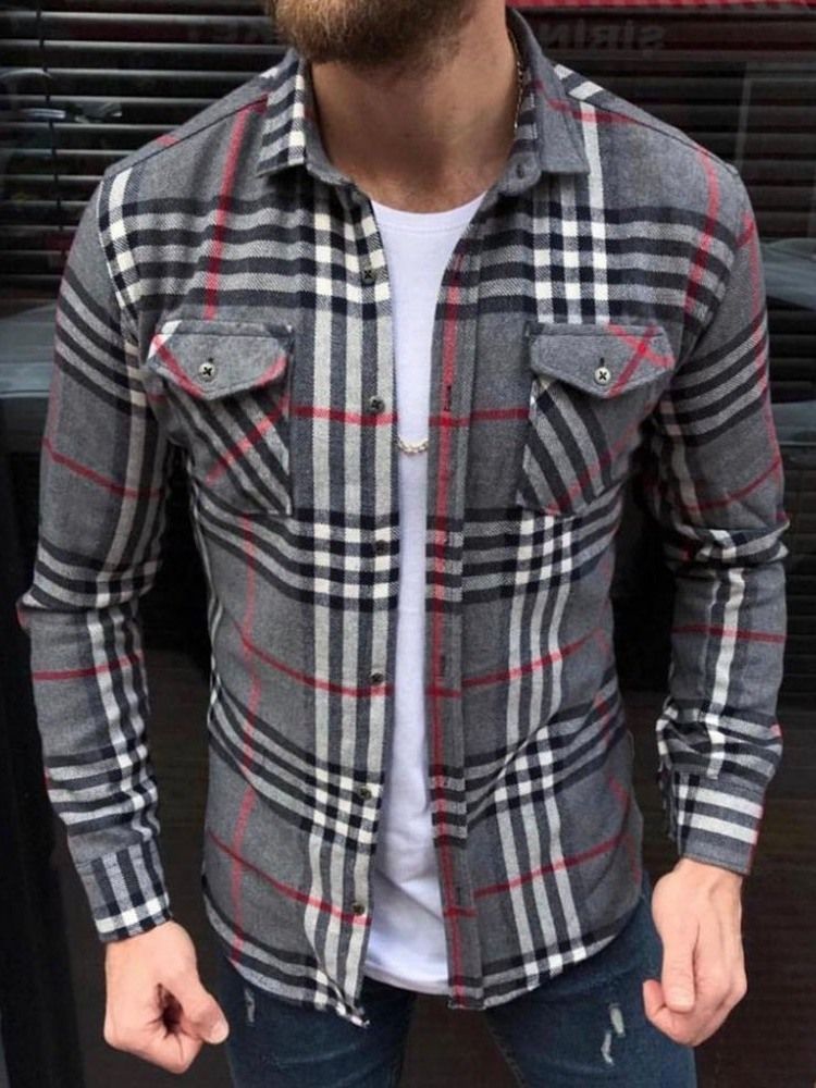 Lapel Casual Enkelknäppt Rutig Höstskjorta