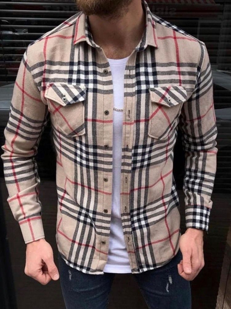 Lapel Casual Enkelknäppt Rutig Höstskjorta
