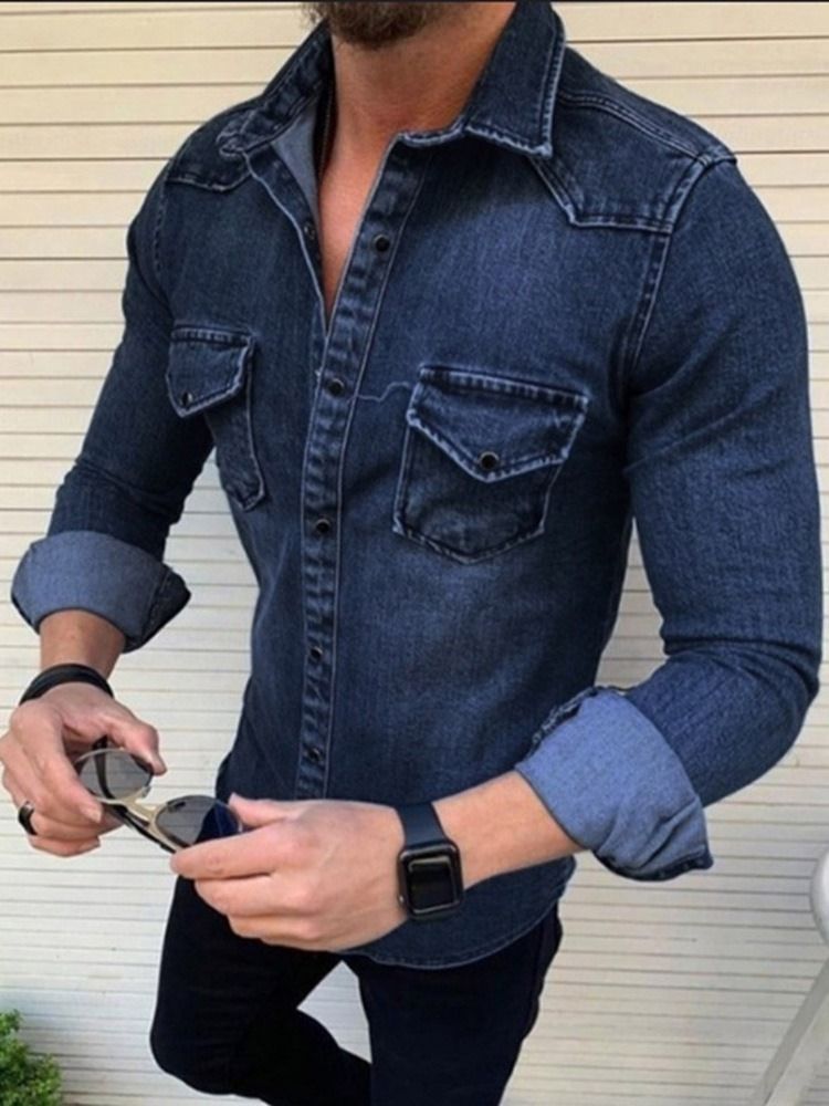 Lapel Casual Enkelknäppt Slimmad Skjorta För Män