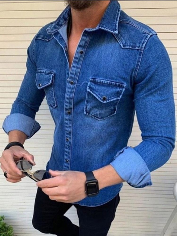 Lapel Casual Enkelknäppt Slimmad Skjorta För Män