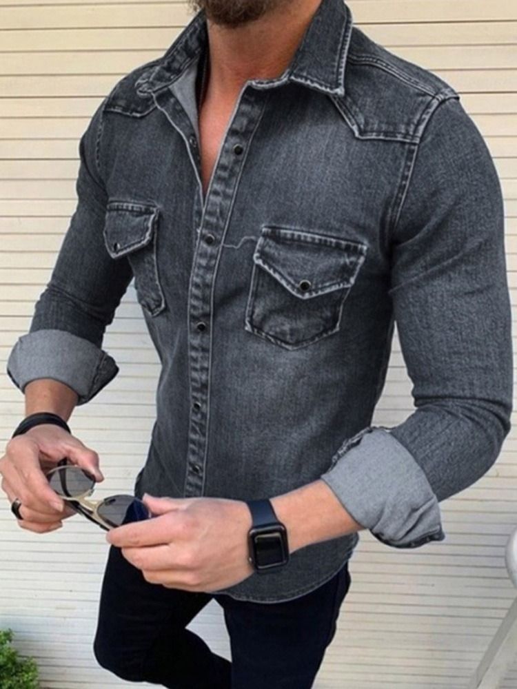 Lapel Casual Enkelknäppt Slimmad Skjorta För Män