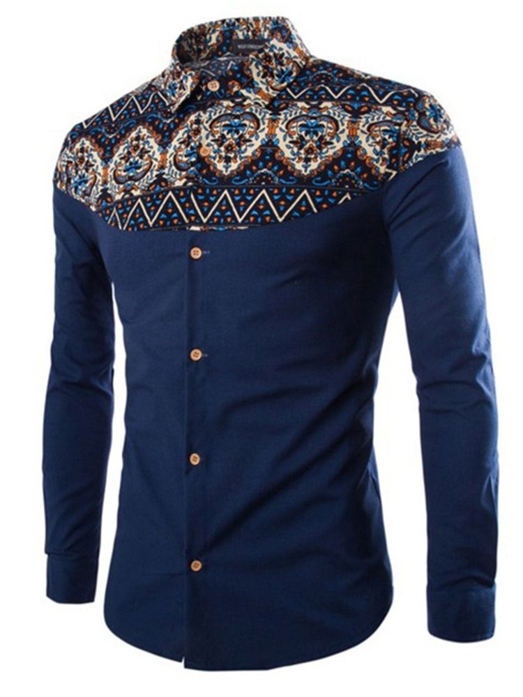 Lapel Casual Patchwork Slimmad Skjorta För Män