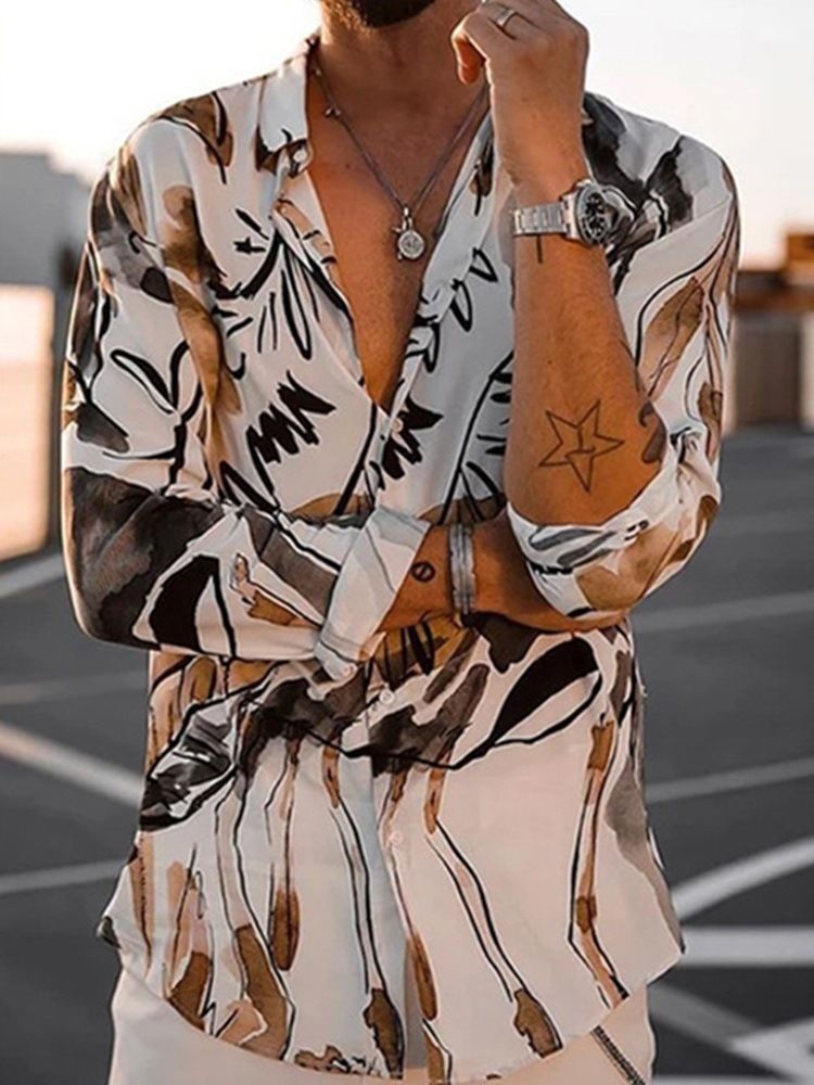 Lapel Casual Print Lös Herrskjorta