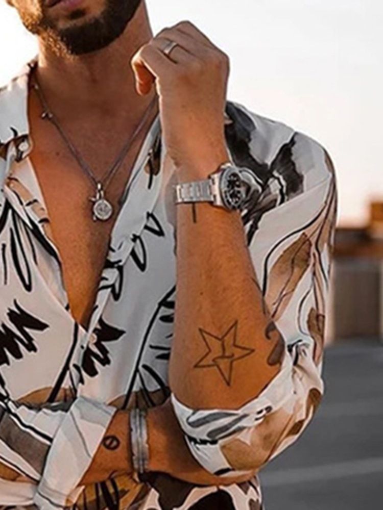 Lapel Casual Print Lös Herrskjorta