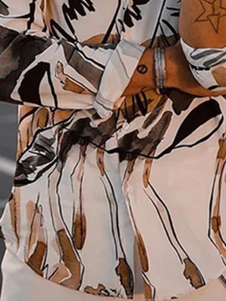 Lapel Casual Print Lös Herrskjorta
