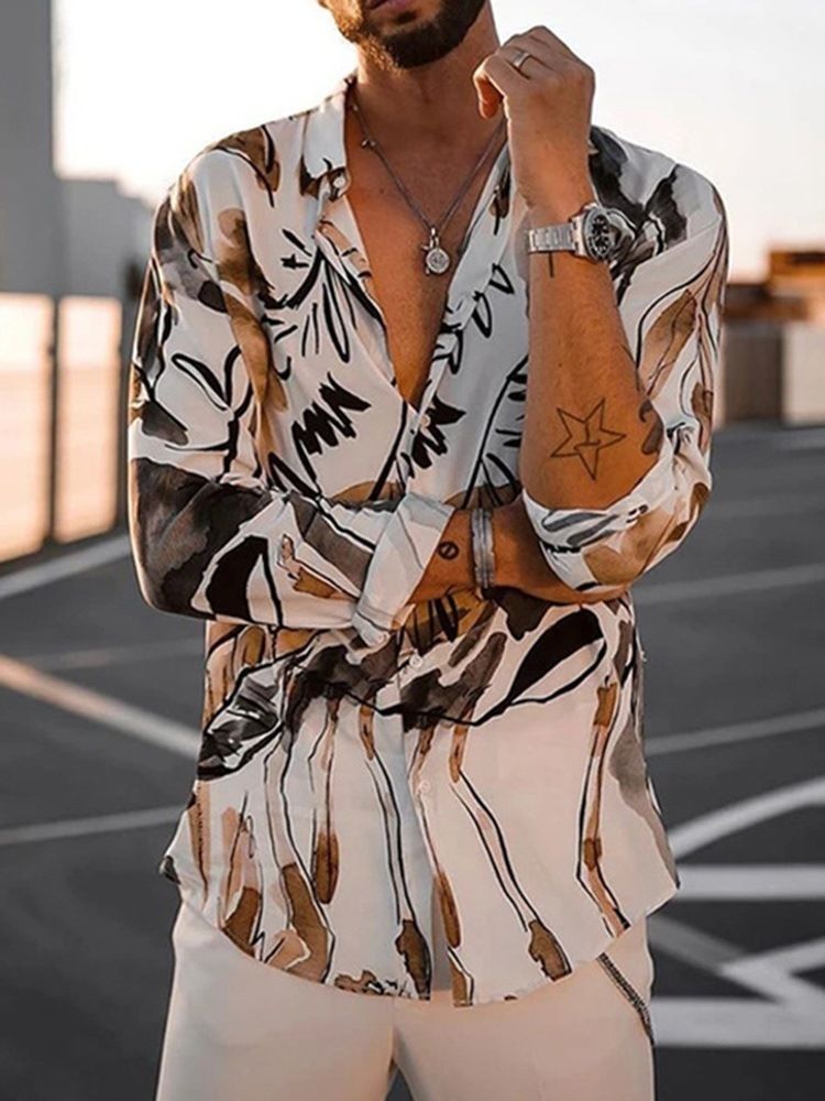 Lapel Casual Print Lös Herrskjorta