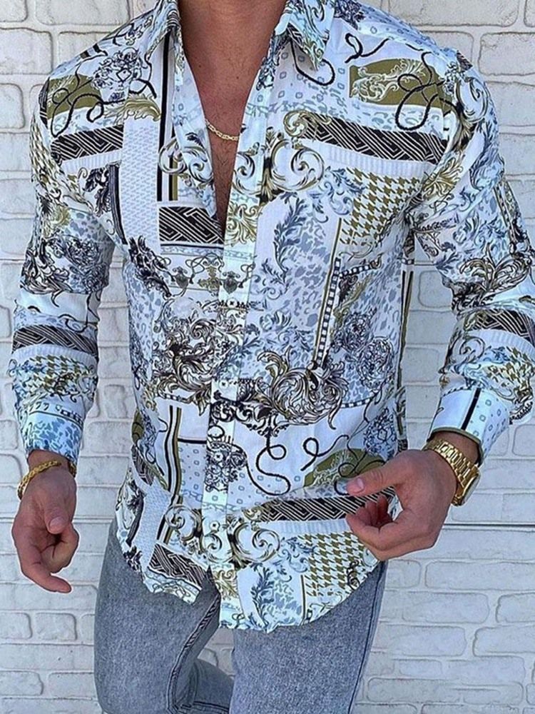 Lapel Casual Print Micro-Elastic Slim Shirt För Män