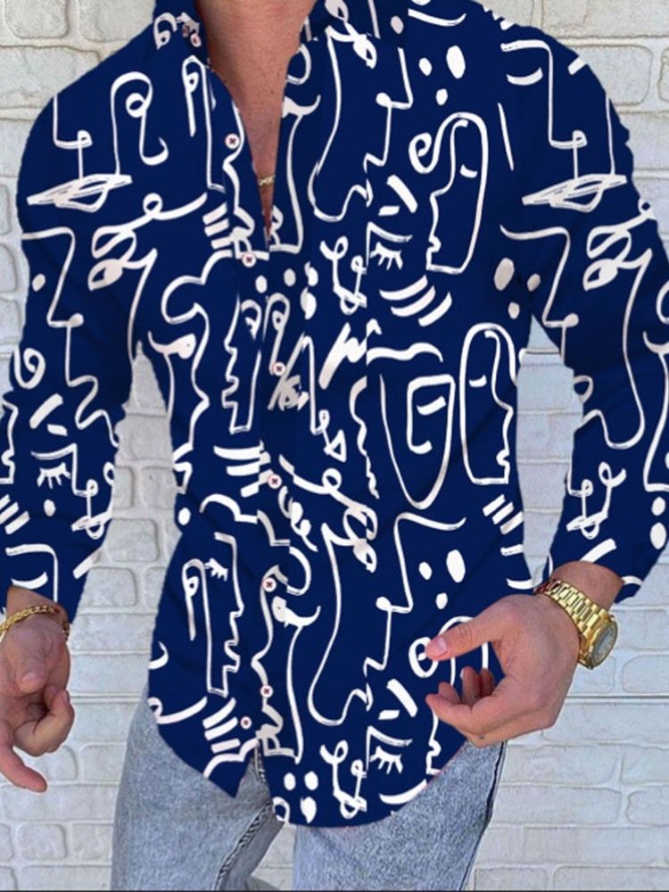 Lapel Casual Print Micro-Elastic Slim Shirt För Män