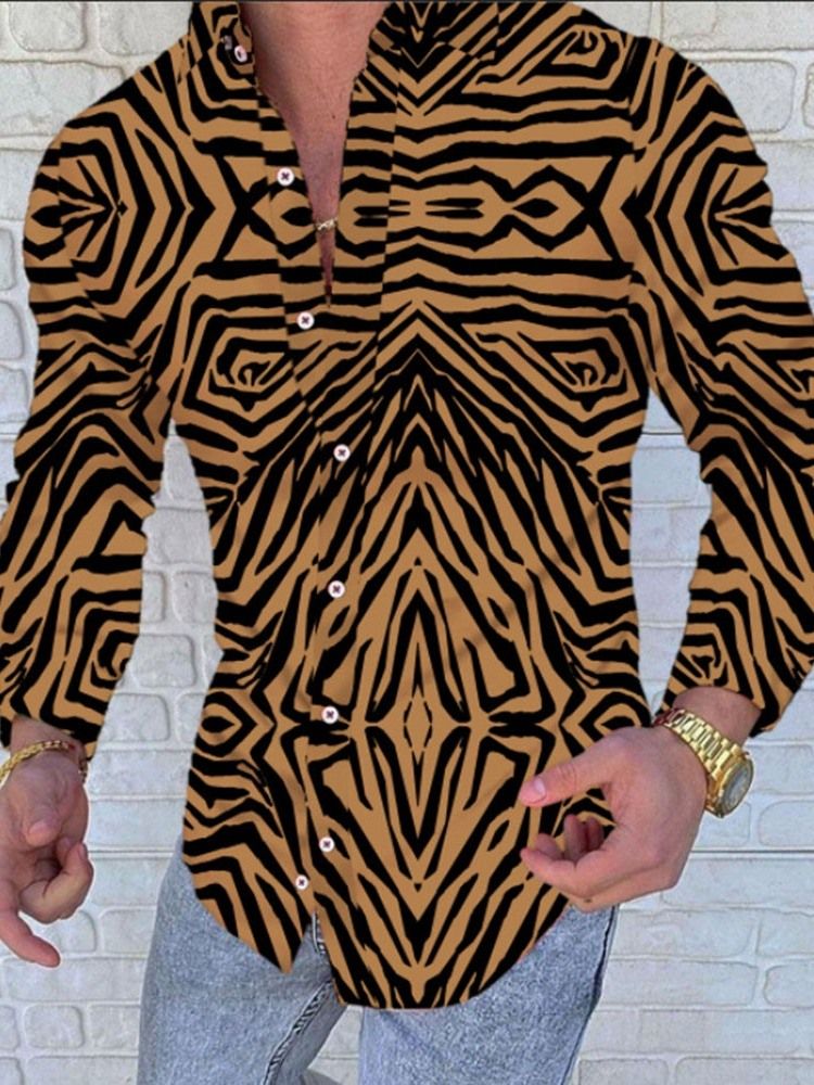 Lapel Casual Print Micro-Elastic Slim Shirt För Män