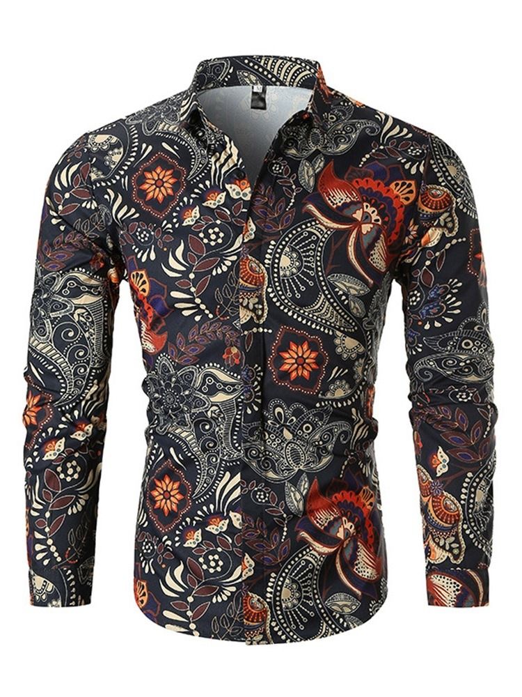 Lapel Fashion Print Slim Herrskjorta