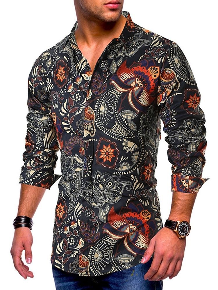 Lapel Fashion Print Slim Herrskjorta
