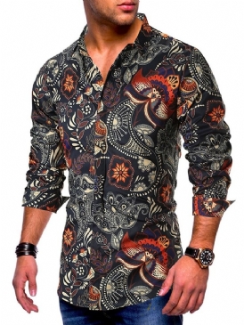 Lapel Fashion Print Slim Herrskjorta