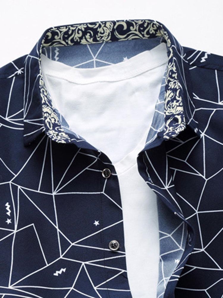 Lapel Geometriska Mönstertryck Slimmade Skjortor För Män