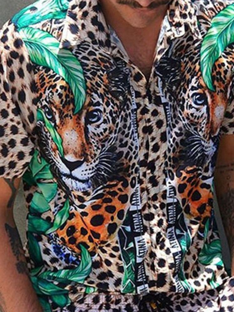 Lapel Leopard Print Slim Shirt För Män