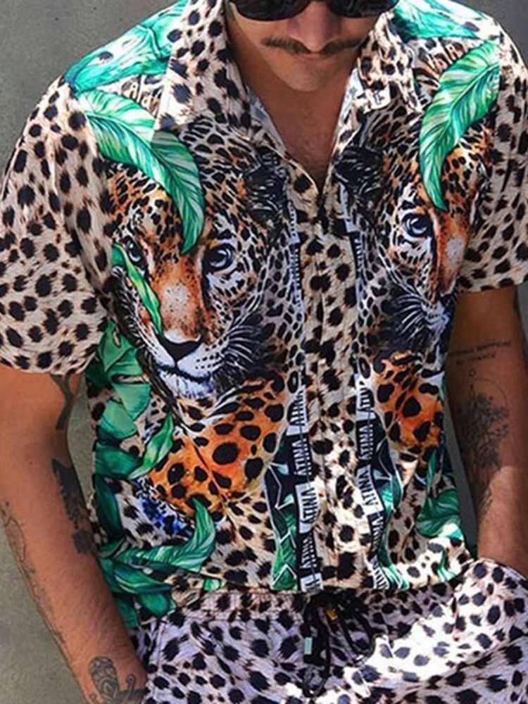 Lapel Leopard Print Slim Shirt För Män