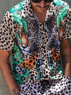 Lapel Leopard Print Slim Shirt För Män