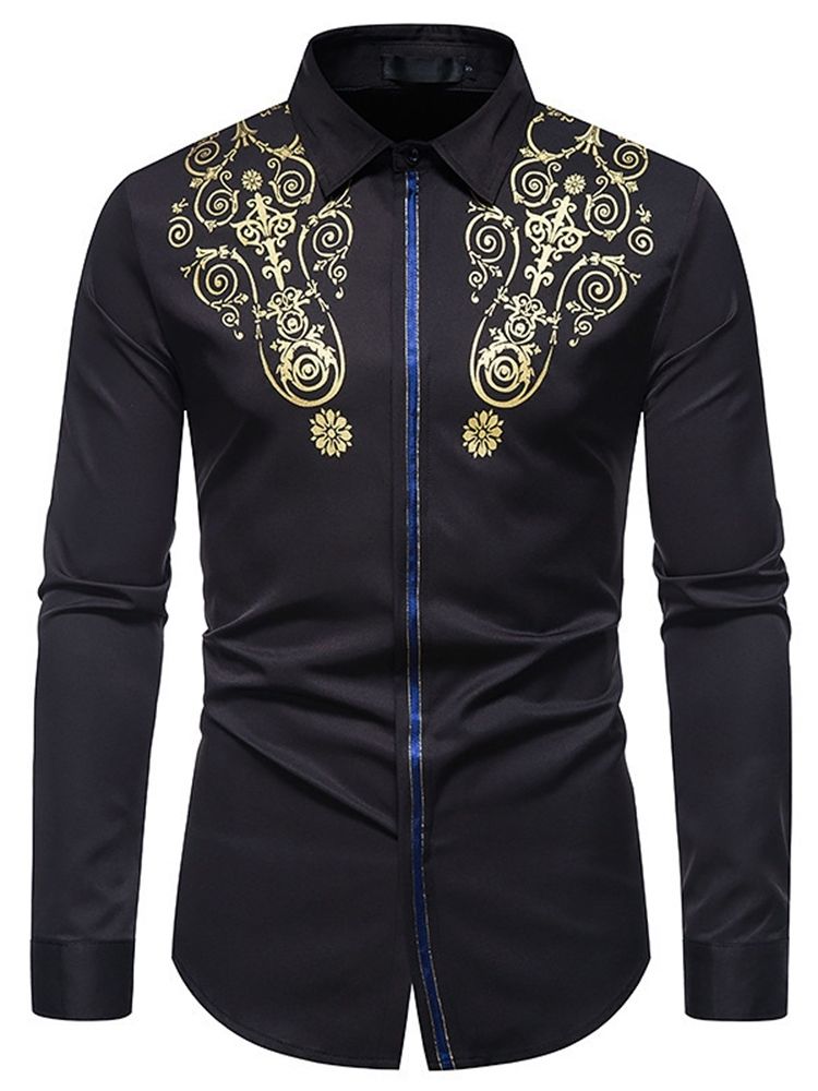 Lapel Patchwork Blommig Fall Slim Shirt