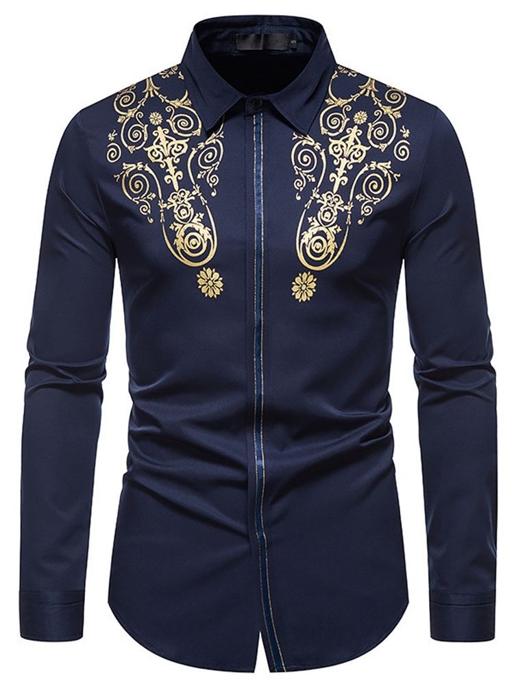 Lapel Patchwork Blommig Fall Slim Shirt
