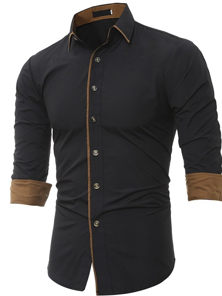 Lapel Patchwork Enkelknäppt Slimmad Skjorta För Män