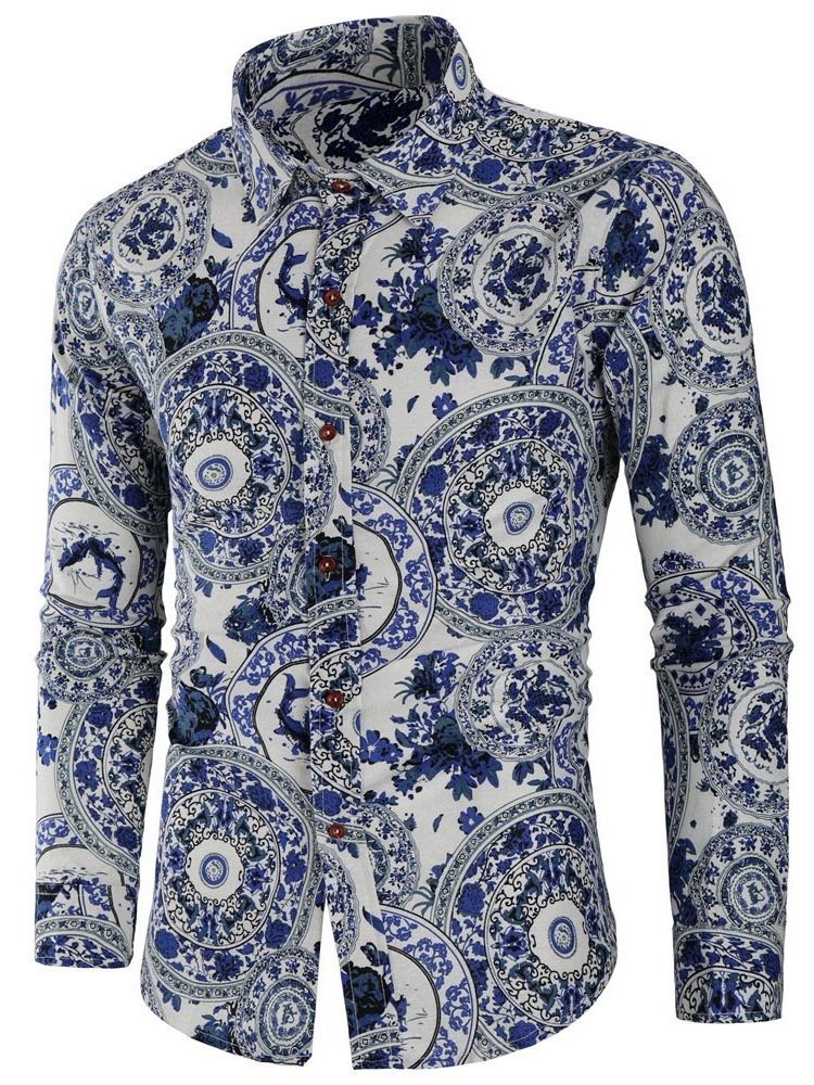 Lapel Print Casual Enkelknäppt Herrskjorta