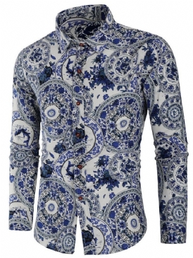 Lapel Print Casual Enkelknäppt Herrskjorta