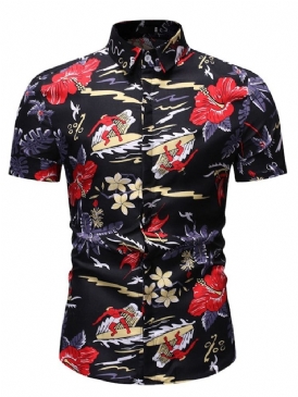 Lapel Print European Slim Spring Shirt För Män