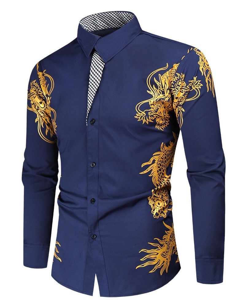 Lapel Print Ol Enkelknäppt Slim Casual Skjorta