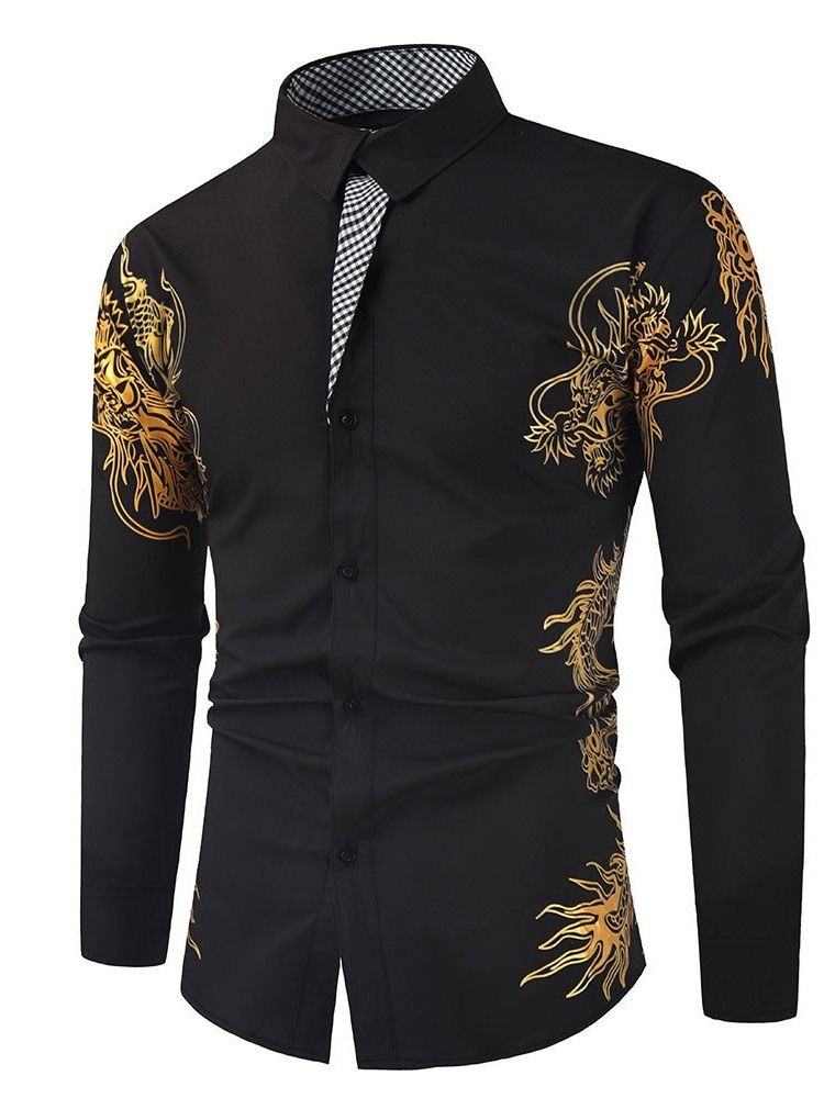 Lapel Print Ol Enkelknäppt Slim Casual Skjorta