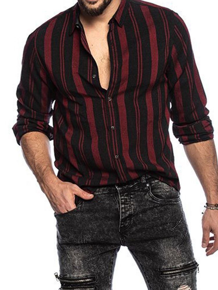 Lapel Stripe Print Enkelknäppt Casual Slim Shirt