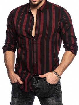 Lapel Stripe Print Enkelknäppt Casual Slim Shirt