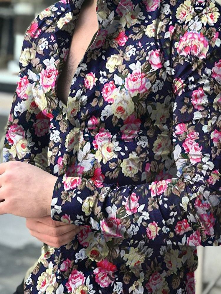 Lapeltryck Blommig Enkelknäppt Slimmad Skjorta För Män