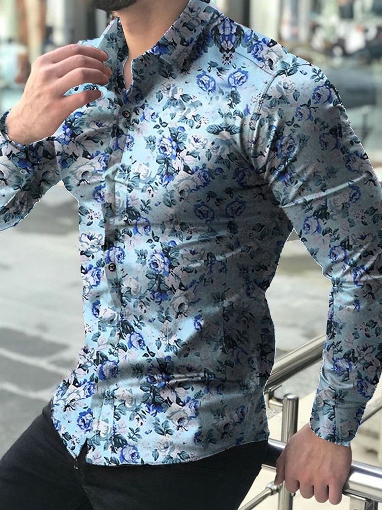 Lapeltryck Blommig Enkelknäppt Slimmad Skjorta För Män