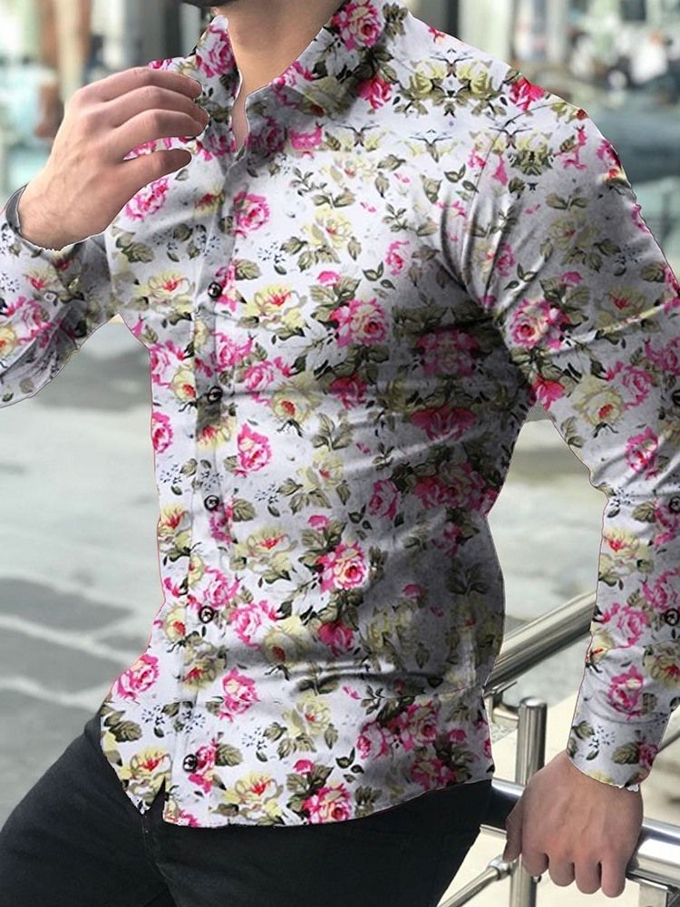 Lapeltryck Blommig Enkelknäppt Slimmad Skjorta För Män