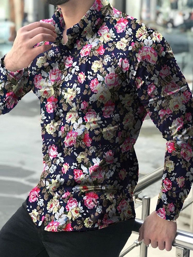 Lapeltryck Blommig Enkelknäppt Slimmad Skjorta För Män