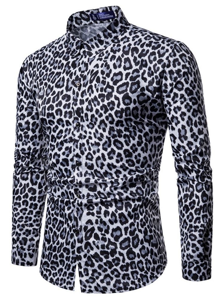 Leopardtryckta Lapel Slim Mäns Fritidsskjortor