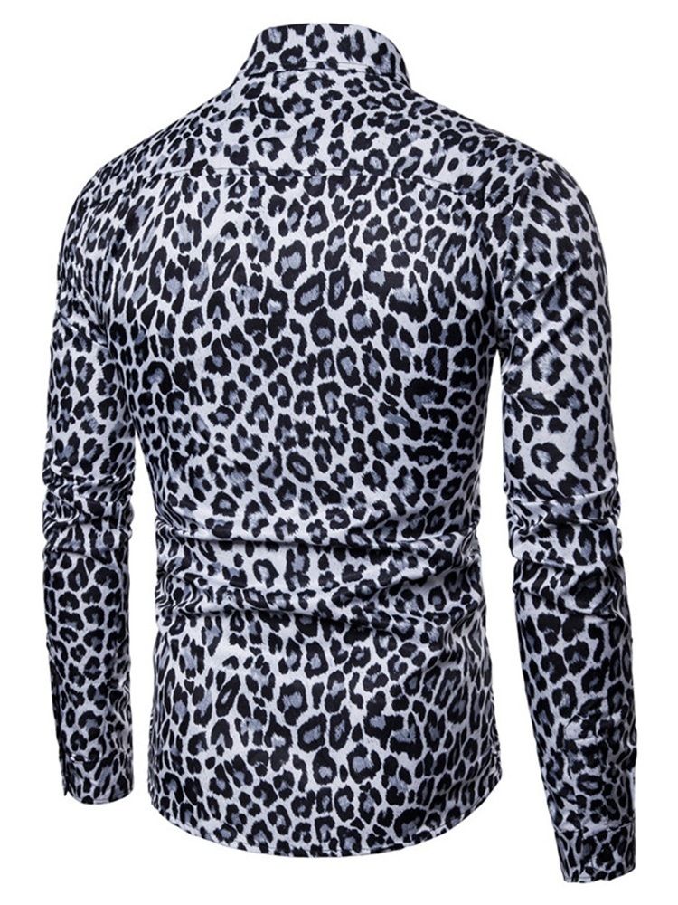 Leopardtryckta Lapel Slim Mäns Fritidsskjortor