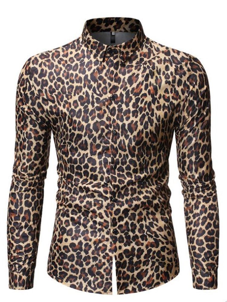 Leopardtryckta Lapel Slim Mäns Fritidsskjortor