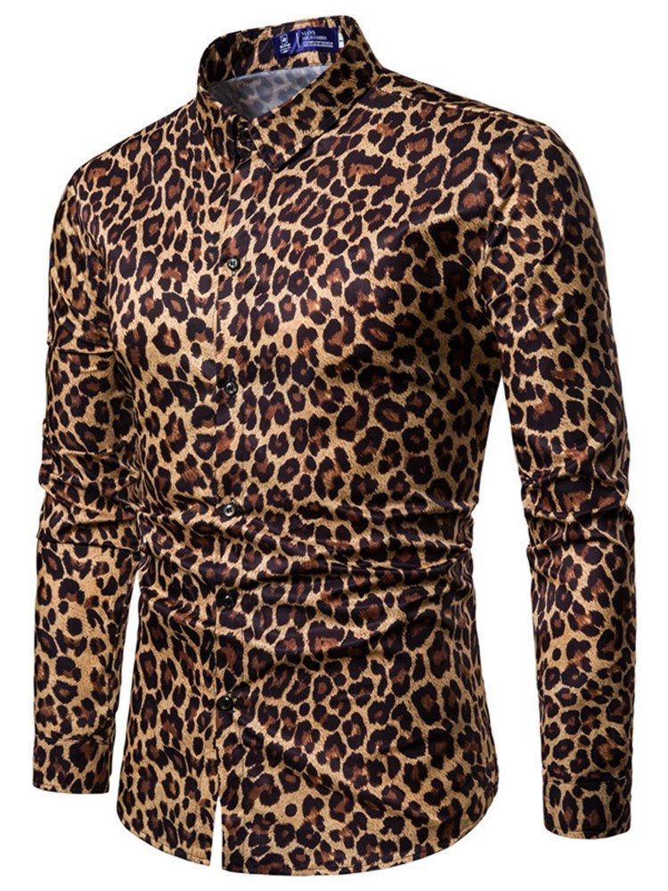 Leopardtryckta Lapel Slim Mäns Fritidsskjortor
