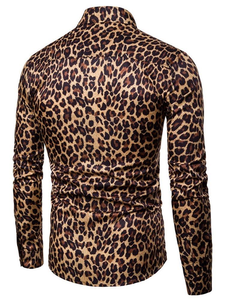 Leopardtryckta Lapel Slim Mäns Fritidsskjortor