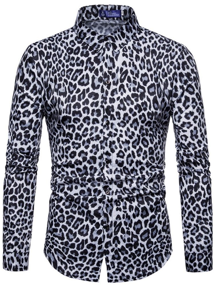 Leopardtryckta Lapel Slim Mäns Fritidsskjortor