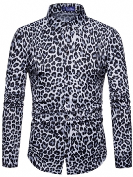 Leopardtryckta Lapel Slim Mäns Fritidsskjortor