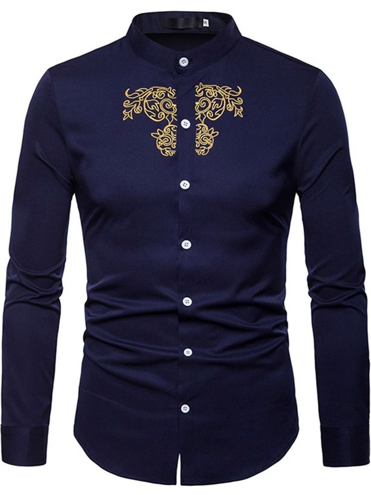 Ol Plain Stand Collar Slim Enkelknäppt Herrskjorta