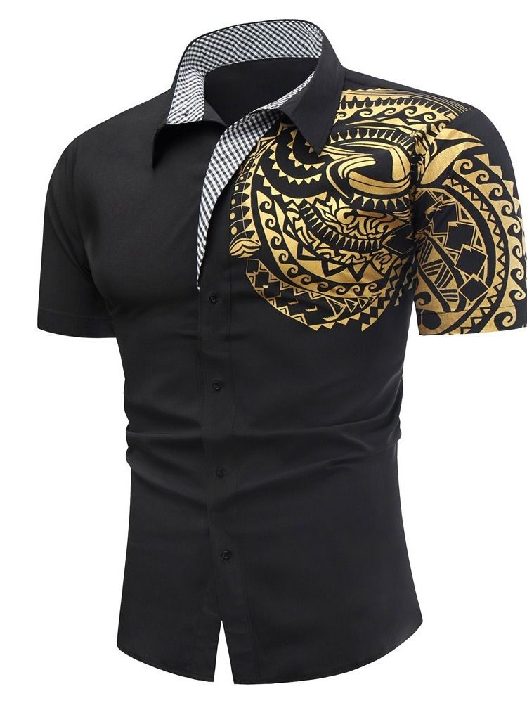 Ol Print Lapel Slim Shirt För Män
