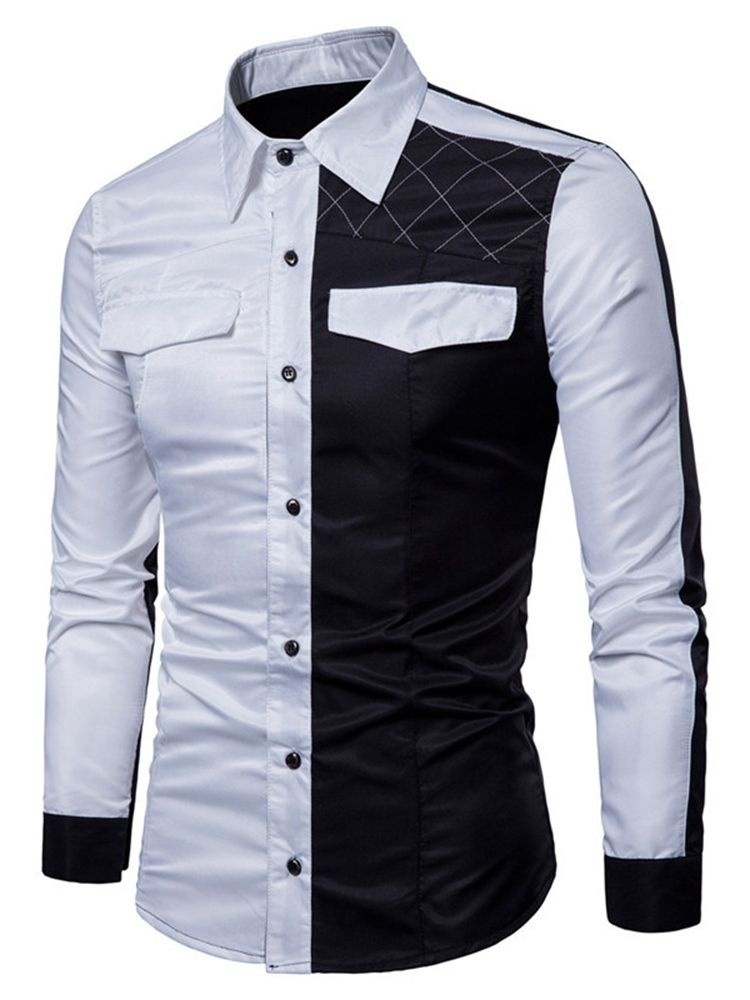 Patchwork Casual Lapel Slim Enkelknäppt Skjorta